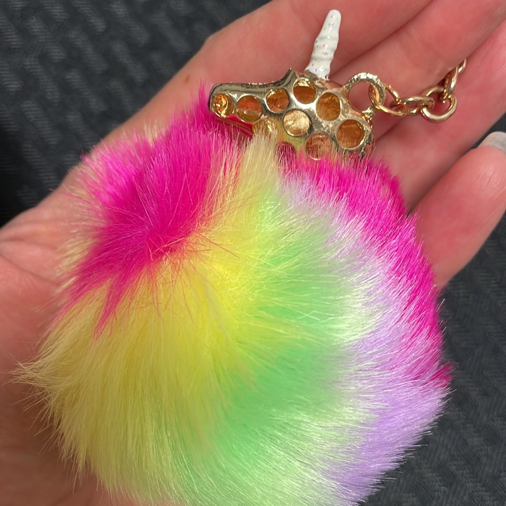 Unicorn Rainbow Puff Ball Fluffy Fur Keychain - Picture 3 of 3